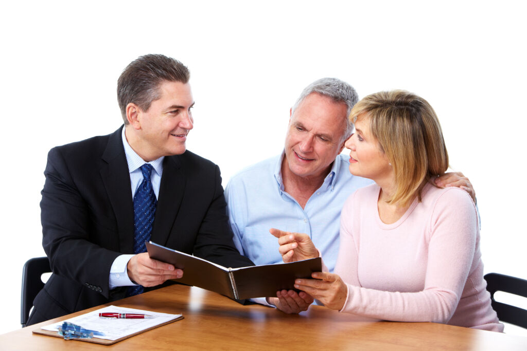 senior,couple,with,financial,adviser.,isolated,on,white,background.